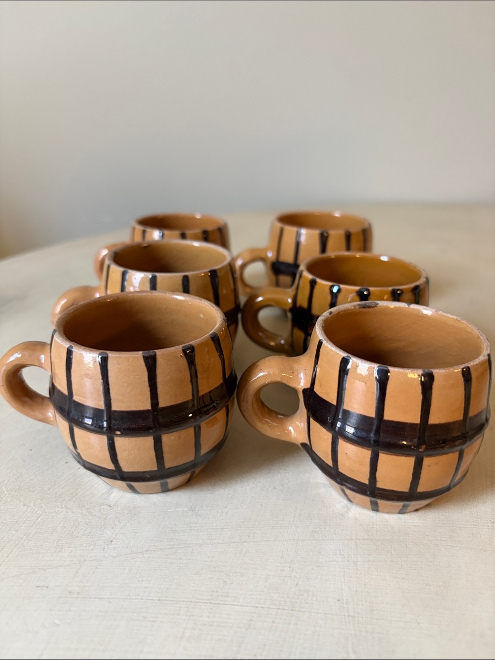 Barrel-Style Ceramic Espresso Mugs in Tan with Dark Brown Accents (Set of 6) EUC - Picture 4 of 6